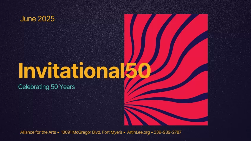 blue background with a red abstract image and yellow and teal font depicting the show title and dates